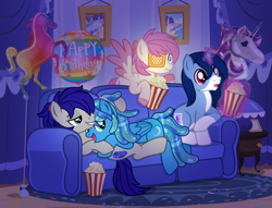 Size: 1200x915 | Tagged: safe, alternate version, artist:jennieoo, part of a set, oc, oc:crystal glaze, oc:gentle star, oc:maverick, oc:ocean soul, earth pony, pegasus, pony, unicorn, balloon, birthday, couch, couple, curtains, eyepatch, food, friends, gift art, lamp, married couple, movie, movie night, picture frame, popcorn, present, show accurate, soulverick, water, water mane