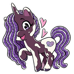 Size: 1005x1005 | Tagged: safe, artist:shauna j. grant, violette rainbow, pony, unicorn, g5, dreadlocks, female, filly, floating heart, foal, hair over one eye, heart, horn, looking at you, open mouth, open smile, raised hoof, simple background, smiling, solo, sparkly eyes, sticker design, tail, transparent background, unshorn fetlocks, vitiligo, wingding eyes