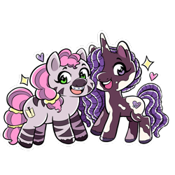 Size: 1005x1005 | Tagged: safe, artist:shauna j. grant, skye, violette rainbow, pony, unicorn, zebra, g5, best friends, braces, dreadlocks, duo, duo female, female, filly, floating heart, foal, hair over one eye, heart, horn, looking at you, open mouth, open smile, simple background, smiling, sparkles, sparkly eyes, sticker design, tail, transparent background, unshorn fetlocks, vitiligo, wingding eyes