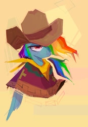 Size: 1640x2360 | Tagged: safe, artist:meowmeows, rainbow dash, pegasus, pony, g4, abstract background, bust, cowboy, cowboy hat, cowgirl, folded wings, hat, simple background, solo, wings, yellow background