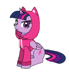 Size: 558x586 | Tagged: safe, artist:cheesesauce_45, twilight sparkle, alicorn, pony, g4, :<, blushing, cat hoodie, clothes, cute, female, folded wings, glare, hoodie, looking at you, mare, narrowed eyes, simple background, sitting, solo, twiabetes, twilight sparkle (alicorn), twilight sparkle is not amused, unamused, white background, wings