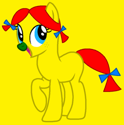 Size: 757x767 | Tagged: safe, artist:shewakiss, artist:spitfirethepegasusfan39, earth pony, pony, g4, adult blank flank, base used, blank flank, bow, female, freckles, green nose, hair bow, little miss, little miss trouble, mare, mr. men, mr. men little miss, open mouth, open smile, pigtails, ponified, raised hoof, raised leg, simple background, smiling, solo, tail, tail bow, trouble, yellow background