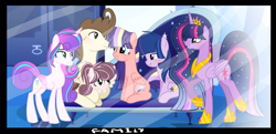 Size: 3352x1628 | Tagged: safe, artist:thunderspeedyt, pound cake, princess flurry heart, twilight sparkle, oc, oc:blazing nova, oc:rasberry fluff, oc:star wishes, alicorn, pegasus, pony, g4, aunt and niece, auntie twilight, base used, butt, concave belly, couch, cousins, crystal castle, diverse body types, family, female, filly, foal, folded wings, group, height difference, husband and wife, male, mare, offspring, older, older flurry heart, older pound cake, older twilight, parent:flash sentry, parent:pound cake, parent:princess flurry heart, parent:twilight sparkle, parents:flashlight, parents:poundflurry, passepartout, slender, stallion, tall, thin, twibutt, twilight sparkle (alicorn), wings