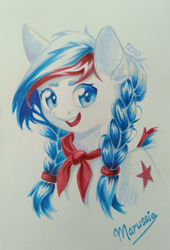 Size: 613x900 | Tagged: safe, artist:rsd500, oc, oc only, oc:marussia, earth pony, pony, blue eyes, braid, cute, female, looking at you, multicolored hair, nation ponies, necktie, pioneer, ponified, russia, simple background, smiling, solo, traditional art, white background