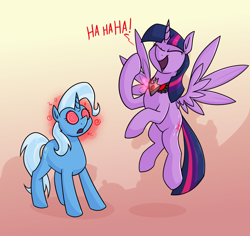 Size: 1602x1512 | Tagged: safe, alternate version, artist:moonatik, trixie, twilight sparkle, alicorn, pony, unicorn, g4, abstract background, alicorn amulet, blank expression, evil laugh, female, flying, laughing, mare, mind control, open mouth, role reversal, spread wings, twilight sparkle (alicorn), tyrant sparkle, wings