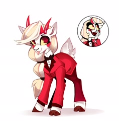 Size: 2328x2456 | Tagged: safe, artist:buvanybu, demon, demon pony, goat, goat pony, hybrid, original species, pony, :p, charlie morningstar, clothes, cloven hooves, crossover, demon goat, demon goat pony, female, goatified, hazbin hotel, hellaverse, hellborn, looking at you, meta, pac-man eyes, ponified, ponytail, princess, princess of hell, shadow, simple background, solo, species swap, suit, tongue out, twitter link, white background