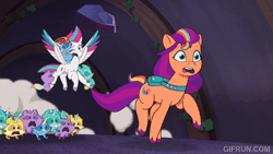 Size: 600x338 | Tagged: safe, screencap, sunny starscout, zipp storm, earth pony, pegasus, pony, raccoon, raccoonicorn, g5, my little pony: tell your tale, the lone alicorn, spoiler:g5, spoiler:my little pony: tell your tale, spoiler:tyts02e07, animated, bag, earthquake, female, flying, gifrun.com, mare, running, running away, saddle bag, youtube link