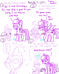 Size: 4779x6013 | Tagged: safe, artist:adorkabletwilightandfriends, spike, twilight sparkle, alicorn, dragon, pony, comic:adorkable twilight and friends, g4, adorkable, adorkable twilight, comic, confused, cute, dork, exclamation point, exercise, exercise ball, expression, female, funny, happy, lamp, levitation, magic, male, mare, pointing, radio, realization, slice of life, smiling, table, telekinesis, twilight sparkle (alicorn), weights
