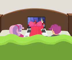 Size: 5156x4317 | Tagged: safe, artist:gmaplay, apple bloom, scootaloo, sweetie belle, equestria girls, g4, bed, computer, cutie mark crusaders, female, laptop computer, resting, trio, trio female