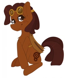 Size: 1119x1280 | Tagged: safe, artist:oddends, oc, oc only, oc:ramaon cogwright, earth pony, pony, brown eyes, brown mane, dreadlocks, female, freckles, goggles, goggles on head, simple background, sketch, smiling, solo, steampunk, white background