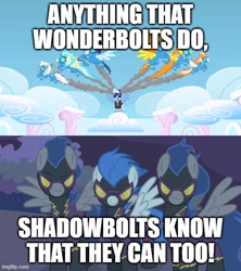 Size: 500x562 | Tagged: safe, edit, edited screencap, screencap, descent, madden, nightshade, soarin', spitfire, pegasus, pony, friendship is magic, g4, sonic rainboom (episode), calling all engines!, clothes, female, flying, goggles, male, mare, meme, shadowbolts, shadowbolts uniform, song in the description, song parody, song reference, spread wings, stallion, thomas and friends, thomas the tank engine, uniform, wings, wonderbolts, wonderbolts uniform