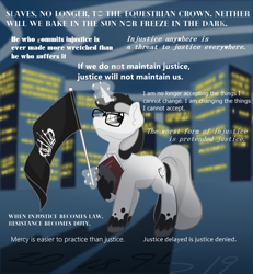 Size: 3000x3247 | Tagged: safe, artist:cadetredshirt, oc, oc only, oc:quillian inkheart, pony, unicorn, book, building, chin up, cipher, commission, determined, determined look, digital art, flag, glasses, magic, male, monochrome, proud, solo, stallion, stallion oc, tail, text, the heliotries of justice, two toned coat, two toned mane, two toned tail, unshorn fetlocks