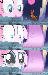 Size: 1364x2132 | Tagged: safe, edit, edited screencap, screencap, pinkie pie, spike, deer, dragon, earth pony, pony, g4, season 5, the cutie map, bambi, bambi vs godzilla, comic, crying, disney, feet, female, floppy ears, godzilla, godzilla (series), male, pie family home, reference, rock farm, screencap comic, solo, teary eyes