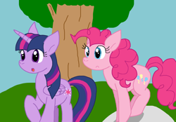 Size: 1412x981 | Tagged: safe, artist:cmara, pinkie pie, twilight sparkle, alicorn, earth pony, pony, g4, female, rock, tree, twilight sparkle (alicorn)