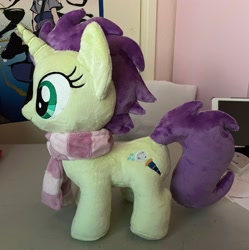 Size: 2036x2048 | Tagged: safe, artist:lilmoon, oc, oc only, oc:sky spark, pony, unicorn, clothes, commission, indoors, irl, photo, plushie, scarf