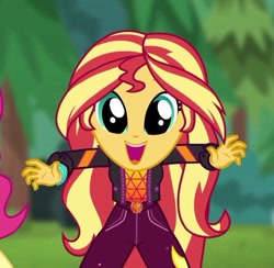Size: 668x653 | Tagged: safe, screencap, pinkie pie, sunset shimmer, human, equestria girls, g4, my little pony equestria girls: better together, my little pony equestria girls: choose your own ending, wake up!, wake up!: pinkie pie, big eyes, clothes, cute, dilated pupils, female, happy, open mouth, shimmerbetes