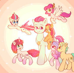 Size: 2722x2660 | Tagged: safe, artist:jaanhavi, argyle starshine, hitch trailblazer, izzy moonbow, misty brightdawn, pipp petals, sunny starscout, zipp storm, earth pony, pegasus, pony, unicorn, g5, alternate timeline, alternate universe, facial hair, female, flying, glasses, high res, jewelry, looking at someone, looking at you, looking up, male, mane five, mane six (g5), mane stripe sunny, open mouth, open smile, pendant, ponies riding ponies, rebirth misty, riding, siblings, sisters, smiling, spread wings, stallion, walking, wings