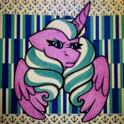 Size: 1292x1292 | Tagged: safe, artist:raritylover152, opaline arcana, alicorn, pony, g5, female, frown, horn, looking at you, mare, nose wrinkle, opaline arcana is not amused, photo, signature, solo, traditional art, unamused, wings