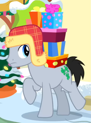 Size: 547x735 | Tagged: safe, screencap, lucky clover, earth pony, pony, g4, my little pony best gift ever, background pony, carrying, clothes, cropped, hat, male, outfit catalog, present, raised hoof, snow, solo, stallion, walking, winter outfit