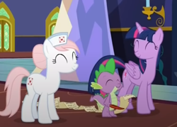 Size: 826x591 | Tagged: safe, screencap, nurse redheart, spike, twilight sparkle, alicorn, dragon, earth pony, pony, a flurry of emotions, g4, my little pony: friendship is magic, eyes closed, quill, scroll, smiling, trio, twilight sparkle (alicorn), twilight's castle