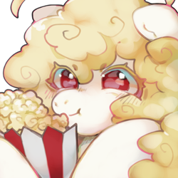 Size: 1300x1300 | Tagged: safe, artist:jansisux, oc, oc only, pony, blonde eyelashes, colored eyelashes, female, food, icon, mare, popcorn, red eyes, simple background, smiling, solo, tan coat, transparent background, yellow eyelashes, yellow hair