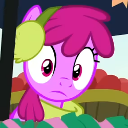 Size: 285x285 | Tagged: safe, screencap, berry punch, berryshine, earth pony, pony, g4, my little pony best gift ever, clothes, cropped, earmuffs, female, frown, looking at someone, mare, reaction image, scarf, solo, wide eyes, winter outfit