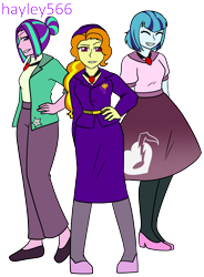 Size: 1660x2260 | Tagged: safe, artist:hayley566, adagio dazzle, aria blaze, sonata dusk, human, equestria girls, g4, 1950s, 50's fashion, 50s, alternate hairstyle, belt, clothes, commission, dress, eyes closed, fedora, female, flats, gem, grin, hat, high heels, pants, shirt, shoes, simple background, siren gem, skirt, smiling, stockings, suit, the dazzlings, thigh highs, transparent background, trio, trio female