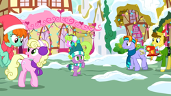 Size: 1920x1080 | Tagged: safe, screencap, auburn vision, budding pine, buddy the elf, daisy, flower wishes, millie, peppermint goldylinks, spike, dragon, earth pony, pegasus, pony, g4, my little pony best gift ever, 1080p, background pony, clothes, earmuffs, female, friendship student, headband, male, mare, movie reference, ponyville, scarf, sewing machine, snow, stallion, striped scarf, winged spike, wings, winter, winter outfit