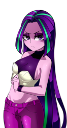 Size: 1600x3034 | Tagged: safe, artist:nekojackun, aria blaze, human, equestria girls, g4, alternate hairstyle, angry, bare shoulders, belly button, breasts, busty aria blaze, cleavage, clothes, eyeshadow, female, frown, high res, intimidating, long hair, looking at you, makeup, midriff, pants, scowl, sideboob, simple background, sleeveless, solo, unzipping, white background, wristband