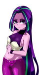 Size: 1600x3034 | Tagged: safe, artist:nekojackun, aria blaze, equestria girls, g4, alternate hairstyle, angry, bare shoulders, belly button, breasts, busty aria blaze, clothes, eyeshadow, female, frown, intimidating, long hair, looking at you, makeup, midriff, pants, scowl, sideboob, simple background, sleeveless, solo, unzipping, white background, wristband