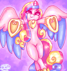 Size: 3600x3800 | Tagged: safe, artist:mannybcadavera, princess cadance, alicorn, pony, g4, abstract background, eyebrows, eyebrows visible through hair, female, high res, incoming hug, lidded eyes, looking at you, mare, smiling, smiling at you, solo, underhoof