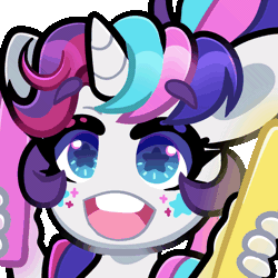 Size: 1000x1000 | Tagged: safe, artist:partypievt, oc, oc only, oc:party pie, unicorn, anthro, animated, chibi, cute, emote, emoticon, eyebrows, facial markings, female, fingers, gif, glowstick, hand, mare, ocbetes, ponytail, rave, simple background, smiling, solo, streamers, transparent background, twitch, vtuber, wingding eyes