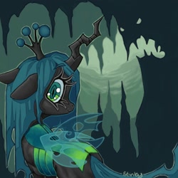 Size: 2000x2000 | Tagged: safe, artist:stinkiit, queen chrysalis, changeling, changeling queen, g4, cave, cute, cutealis, female, looking at you, looking back, looking back at you, signature, smiling, smiling at you, solo