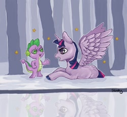 Size: 1999x1848 | Tagged: safe, artist:stinkiit, spike, twilight sparkle, alicorn, dragon, pony, g4, duo, duo male and female, female, forest background, lying down, male, mare, prone, reflection, spread wings, twilight sparkle (alicorn), wings