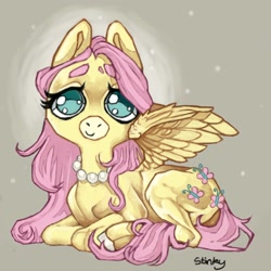 Size: 2000x2000 | Tagged: safe, artist:stinkiit, fluttershy, pegasus, pony, g4, beige background, big eyes, cute, eyebrows, eyebrows visible through hair, female, high res, jewelry, looking at you, lying down, mare, necklace, partially open wings, pearl necklace, prone, shyabetes, simple background, smiling, smiling at you, solo, wings