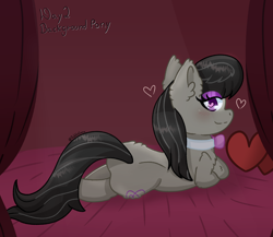 Size: 2500x2165 | Tagged: safe, artist:bubblegooey, octavia melody, earth pony, pony, g4, art challenge, back, bed, bedroom eyes, behind, black hair, blushing, bow, bowtie, chest fluff, collar, crossed hooves, curtains, cute, ear fluff, eyeshadow, female, floating heart, fluffy, gray coat, heart, heart eyes, heart pillow, high res, hoof fluff, leg fluff, lidded eyes, looking at you, looking back, looking back at you, lying down, makeup, mare, pillow, prone, purple eyes, signature, smiling, smiling at you, solo, sultry pose, tavibetes, text, wingding eyes