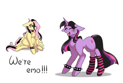 Size: 1428x963 | Tagged: safe, artist:xxmikaraxx, fluttershy, twilight sparkle, pegasus, pony, unicorn, g4, clothes, duo, duo male and female, emo twilight, emoshy, female, floppy ears, male, mare, meme, simple background, socks, spiked wristband, striped socks, unicorn twilight, we're emo, white background, wristband