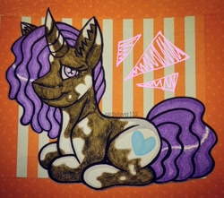 Size: 1080x953 | Tagged: safe, artist:raritylover152, violette rainbow, pony, unicorn, g5, dreadlocks, emanata, female, filly, foal, hair over one eye, looking at you, lying down, prone, signature, smiling, solo, tail, traditional art, vitiligo