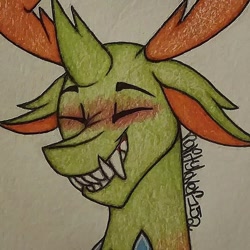 Size: 1077x1077 | Tagged: safe, artist:raritylover152, thorax, changedling, changeling, g4, blushing, colored, eyes closed, grin, horn, king thorax, sharp teeth, signature, smiling, solo, teeth, traditional art