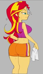 Size: 709x1200 | Tagged: safe, artist:brolycoochie, sunset shimmer, human, equestria girls, g4, ass, big breasts, breasts, bunset shimmer, busty sunset shimmer, butt, clothes, female, gray background, large butt, midriff, rear view, shorts, sideboob, simple background, solo, wide hips