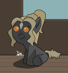 Size: 712x766 | Tagged: safe, artist:thomas.senko, oc, oc only, oc:black betty, earth pony, pony, baby, baby pony, brown eyes, cute, dark skin, earth pony oc, female, female oc, looking up, mare, sitting, smiling, solo, wood