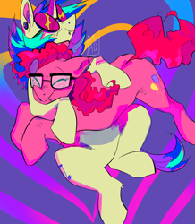 Size: 2048x2351 | Tagged: safe, artist:ponypierced, dj pon-3, pinkie pie, vinyl scratch, earth pony, pony, unicorn, g4, abstract background, crack shipping, duo, duo female, female, glasses, hug, lesbian, shipping