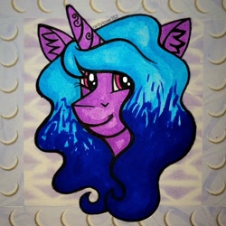 Size: 1356x1356 | Tagged: safe, artist:raritylover152, izzy moonbow, pony, unicorn, g5, bust, ear fluff, female, horn, mare, portrait, smiling, solo, traditional art, washi tape
