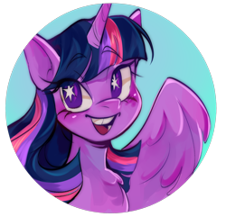 Size: 1280x1233 | Tagged: safe, artist:samix-asb, part of a set, twilight sparkle, alicorn, pony, g4, blushing, bust, chest fluff, cutie mark eyes, eye clipping through hair, eyebrows, eyebrows visible through hair, eyelashes, female, icon, mare, multicolored mane, open mouth, open smile, partially open wings, profile picture, purple eyes, simple background, smiling, solo, starry eyes, straight mane, transparent background, twilight sparkle (alicorn), wingding eyes, wings