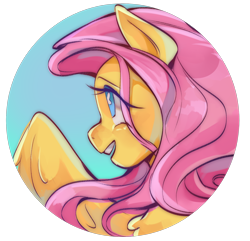 Size: 1280x1233 | Tagged: safe, artist:samix-asb, part of a set, fluttershy, pegasus, pony, g4, blue eyes, blushing, bust, chest fluff, cutie mark eyes, eye clipping through hair, female, icon, mare, open mouth, open smile, pink mane, profile, profile picture, simple background, smiling, solo, spread wings, transparent background, wavy mane, wingding eyes, wings