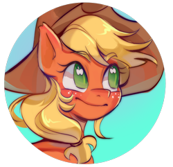 Size: 1280x1233 | Tagged: safe, artist:samix-asb, part of a set, applejack, earth pony, pony, g4, applejack's hat, bust, colored eyebrows, cowboy hat, cutie mark eyes, eyebrows, eyebrows visible through hair, female, freckles, green eyes, hat, icon, looking away, mare, ponytail, profile picture, smiling, solo, torn ear, wingding eyes, yellow mane
