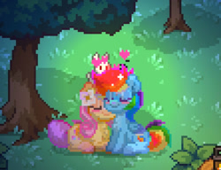 Size: 887x681 | Tagged: safe, artist:artworkpony217, fluttershy, rainbow dash, pegasus, pony, rabbit, pony town, g4, animal, blushing, cute, duo, female, floating heart, heart, lesbian, mare, nuzzling, pixel art, ship:flutterdash, shipping, tree