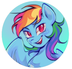 Size: 1280x1233 | Tagged: safe, artist:samix-asb, part of a set, rainbow dash, pegasus, pony, g4, bust, cutie mark eyes, female, icon, looking at you, mare, messy mane, multicolored hair, open mouth, pink eyes, profile picture, rainbow hair, simple background, smiling, smiling at you, solo, spread wings, teeth, transparent background, wingding eyes, wings