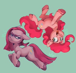 Size: 1833x1767 | Tagged: safe, artist:bullyet, pinkie pie, earth pony, pony, g4, duality, duo, duo female, eyebrows, eyebrows visible through hair, female, floppy ears, frown, glare, green background, looking at each other, looking at someone, mare, narrowed eyes, open mouth, open smile, pinkamena diane pie, shiny hooves, signature, simple background, smiling, starry eyes, tail, teeth, unshorn fetlocks, wingding eyes, yin-yang