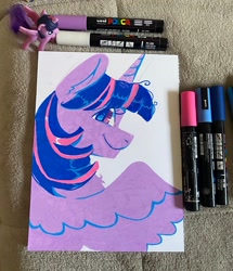 Size: 1760x2048 | Tagged: safe, artist:kreeeeeez, twilight sparkle, alicorn, pony, g4, chest fluff, ear fluff, eyelashes, female, horn, limited palette, looking at you, mare, marker drawing, markers, profile, smiling, smiling at you, solo, spread wings, traditional art, twilight sparkle (alicorn), two toned mane, wingding eyes, wings